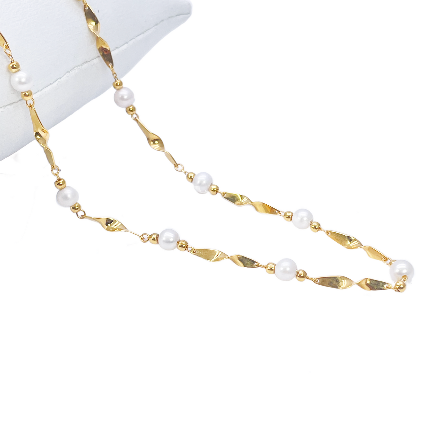 22ct Gold Pearl Necklace High Polished Twisted Link Freshwater Pearl Chain 16 inches 