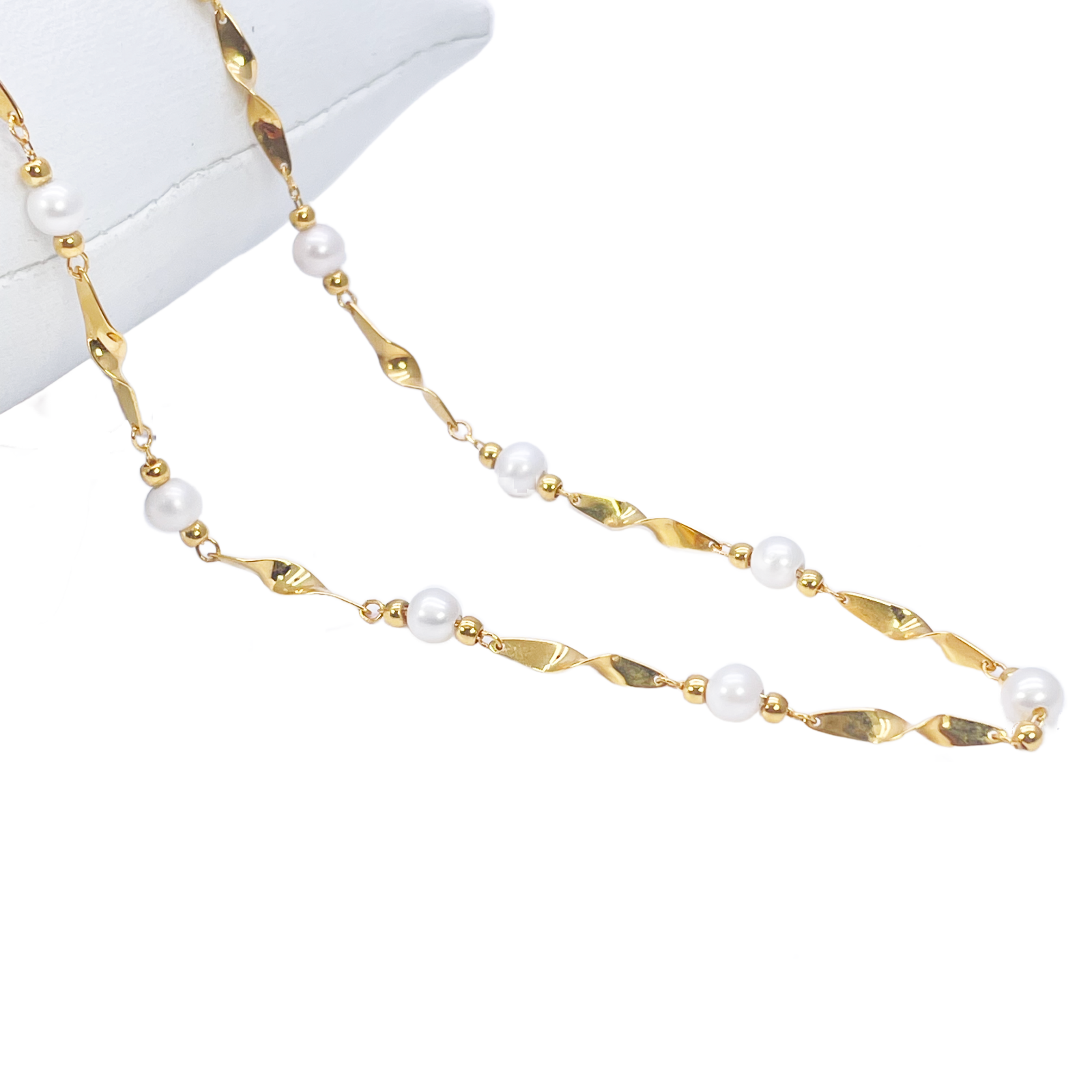 22ct Gold Pearl Necklace High Polished Twisted Link Freshwater Pearl Chain 16 inches 