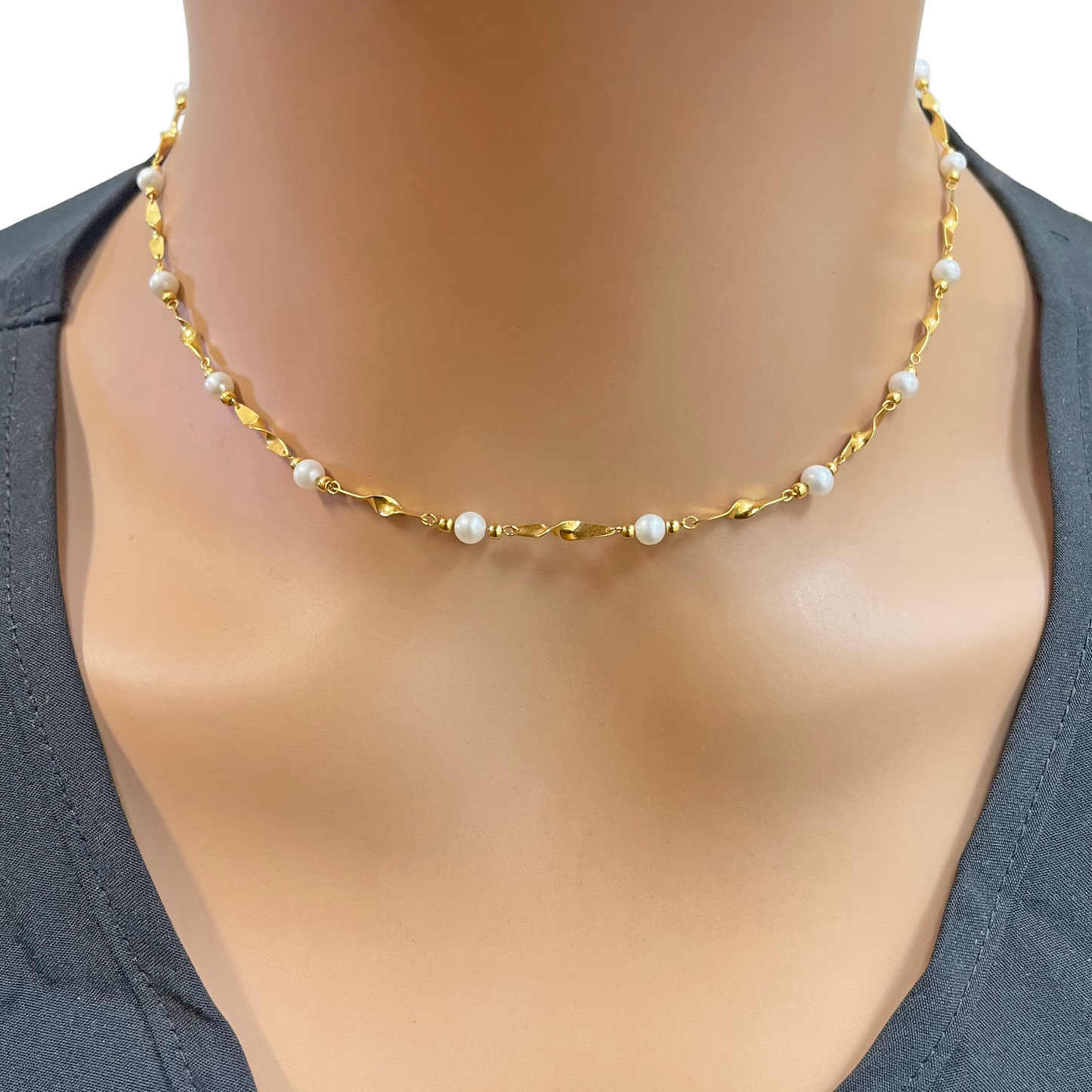22ct Gold Pearl Necklace High Polished Twisted Link Freshwater Pearl Chain 16 inches 