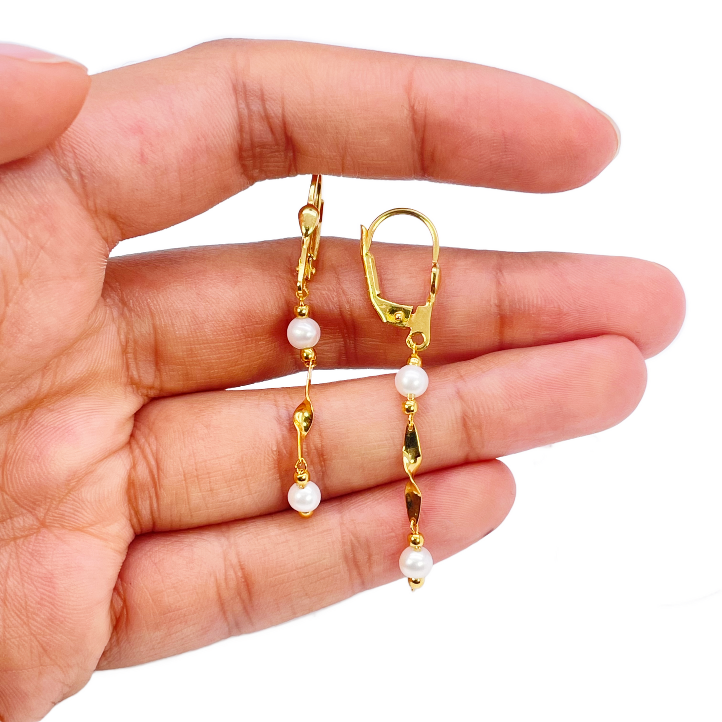 22ct Gold Pearl Drop Earrings Leverback Freshwater Pearl Twisted Design 1.8 Inch 