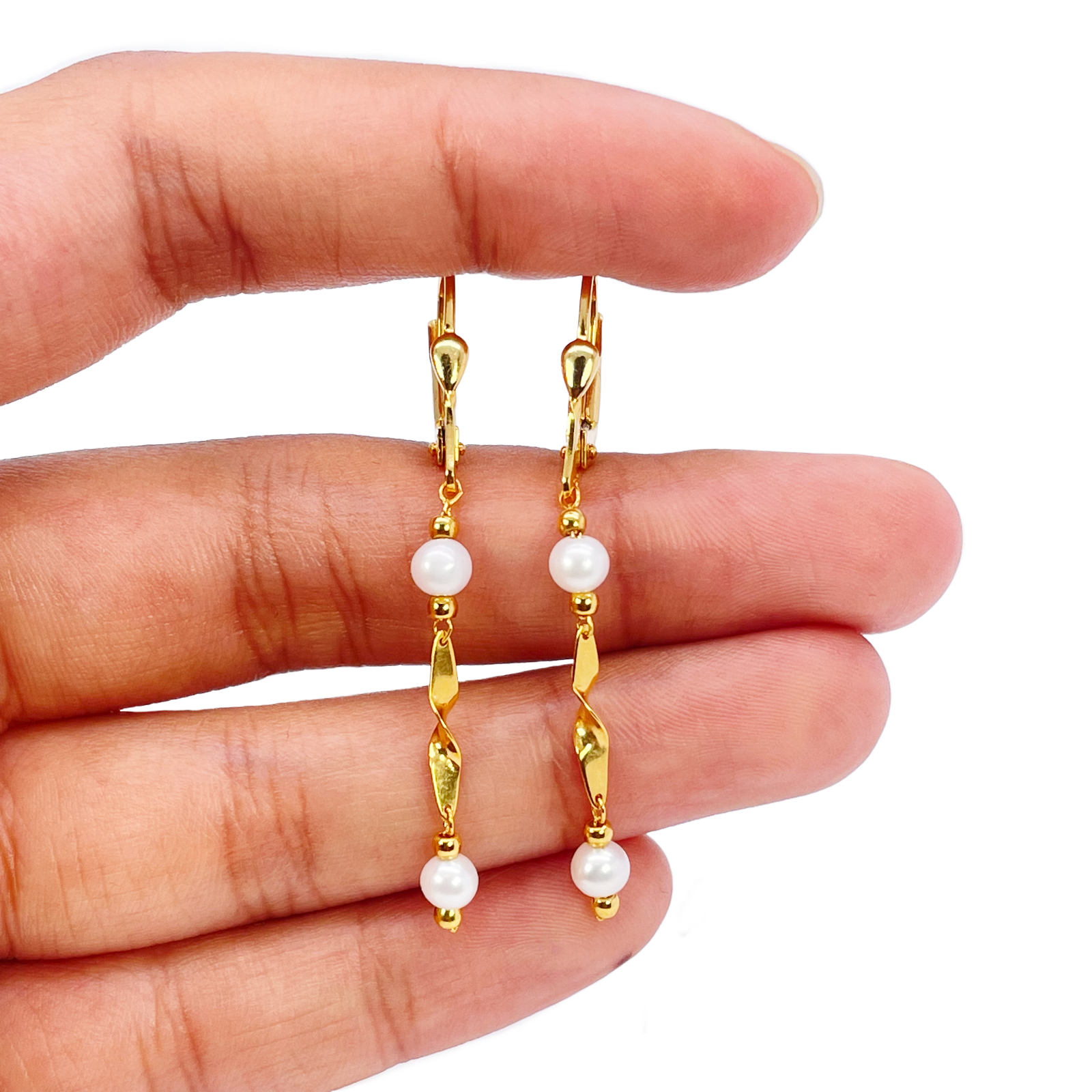 22ct Gold Pearl Drop Earrings Leverback Freshwater Pearl Twisted Design 1.8 Inch 