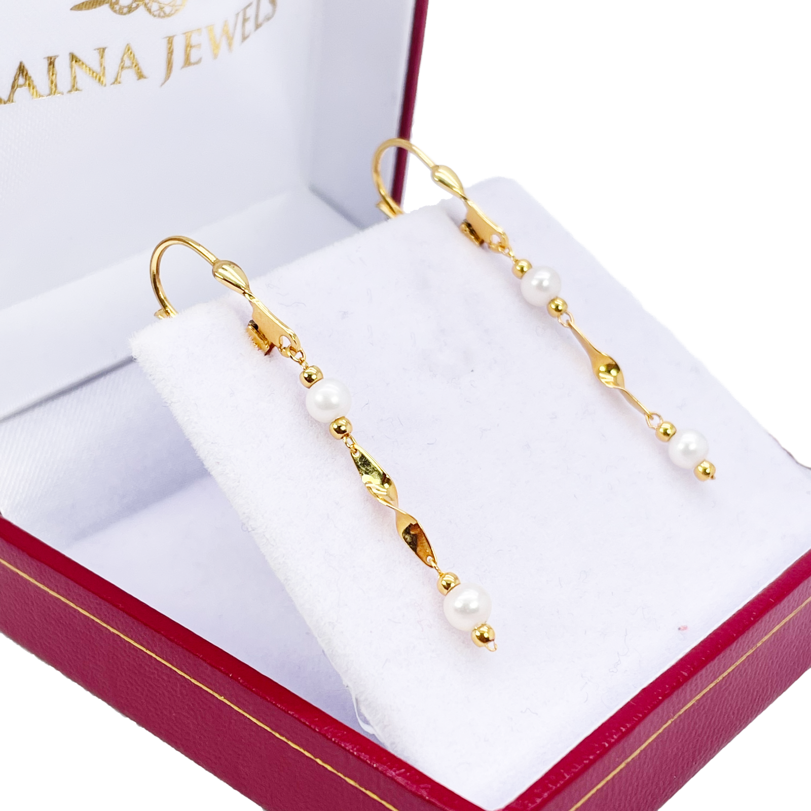 22ct Gold Pearl Drop Earrings Leverback Freshwater Pearl Twisted Design 1.8 Inch 