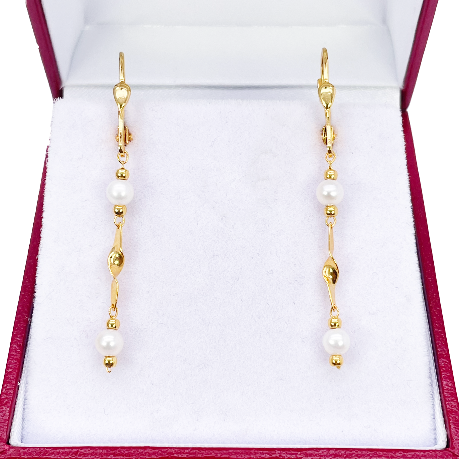 22ct Gold Pearl Drop Earrings Leverback Freshwater Pearl Twisted Design 1.8 Inch 