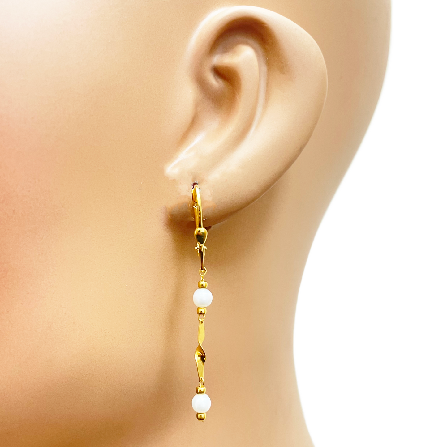 22ct Gold Pearl Drop Earrings Leverback Freshwater Pearl Twisted Design 1.8 Inch 