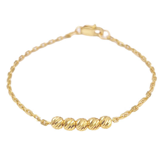 22ct Gold Baby Bracelet Five Diamond Cut Beads & Cable link Chain 5 Inches 