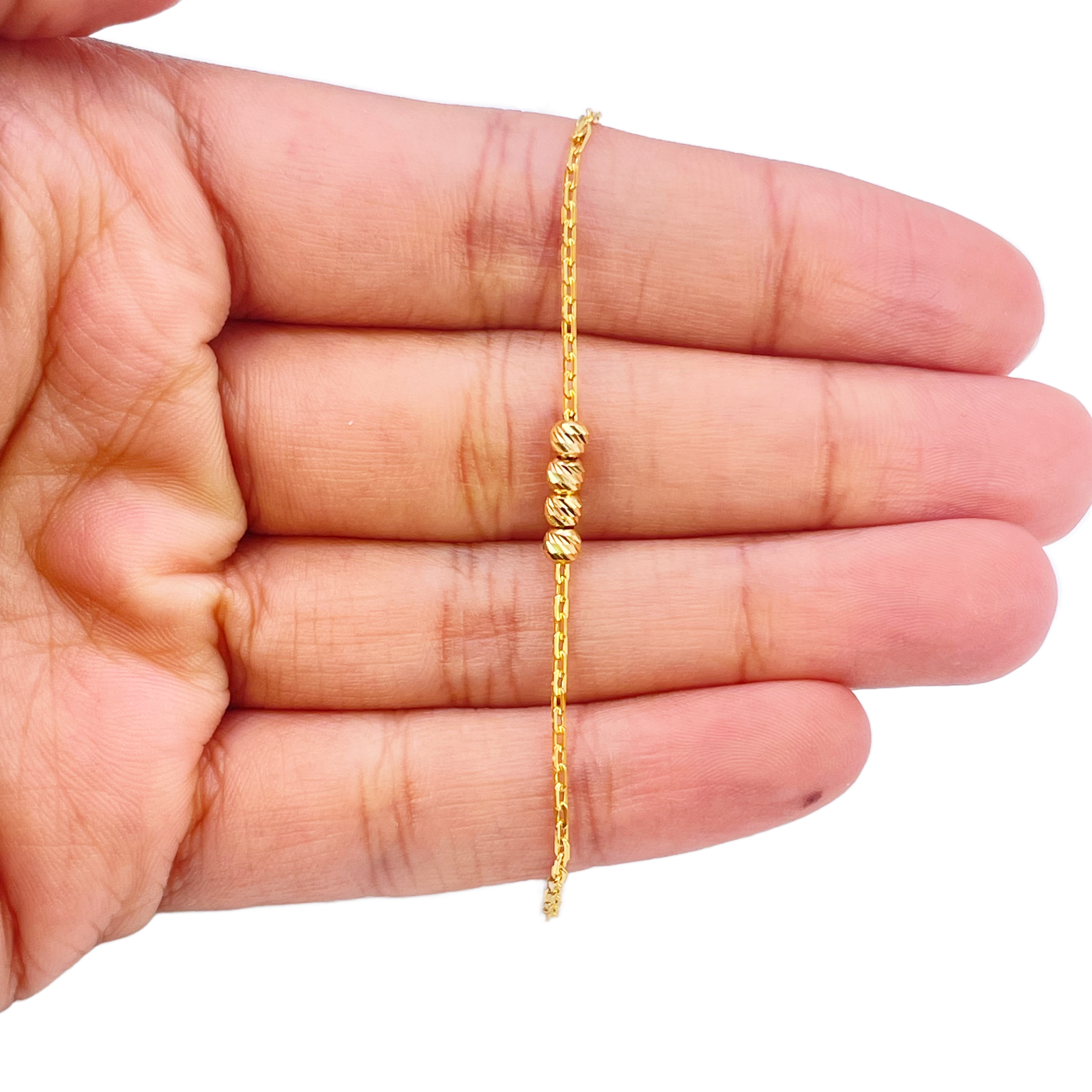 22ct Gold Beaded Bracelet Four Diamond Cut Beads Cable Chain 7 Inch 2.9mm Width 
