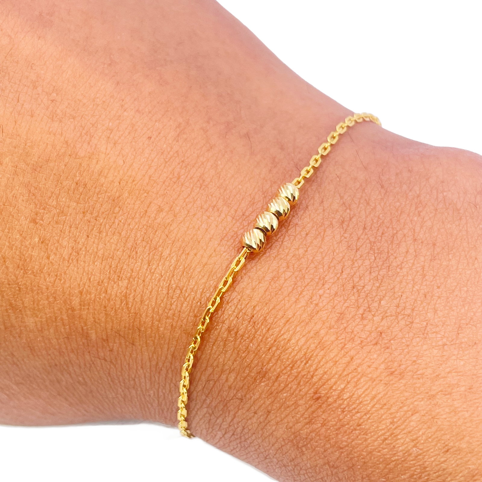 22ct Gold Beaded Bracelet Four Diamond Cut Beads Cable Chain 7 Inch 2.9mm Width 