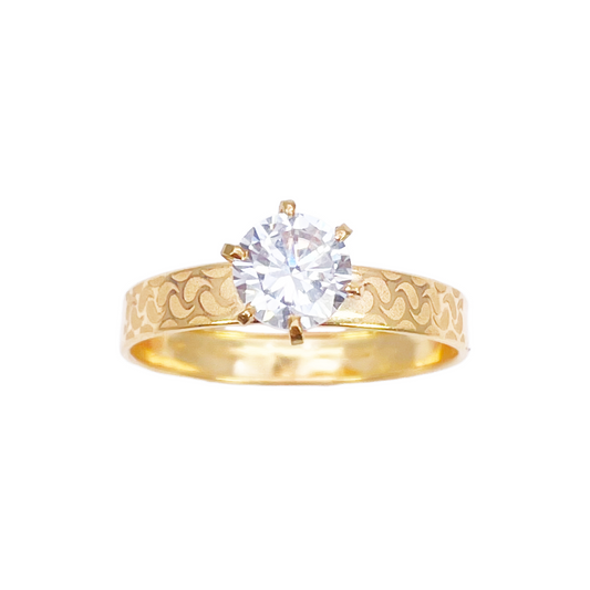 22ct Gold Cubic Zirconia Solitaire Ring Patterned Shoulder 6-Claw 7.7mm Width 