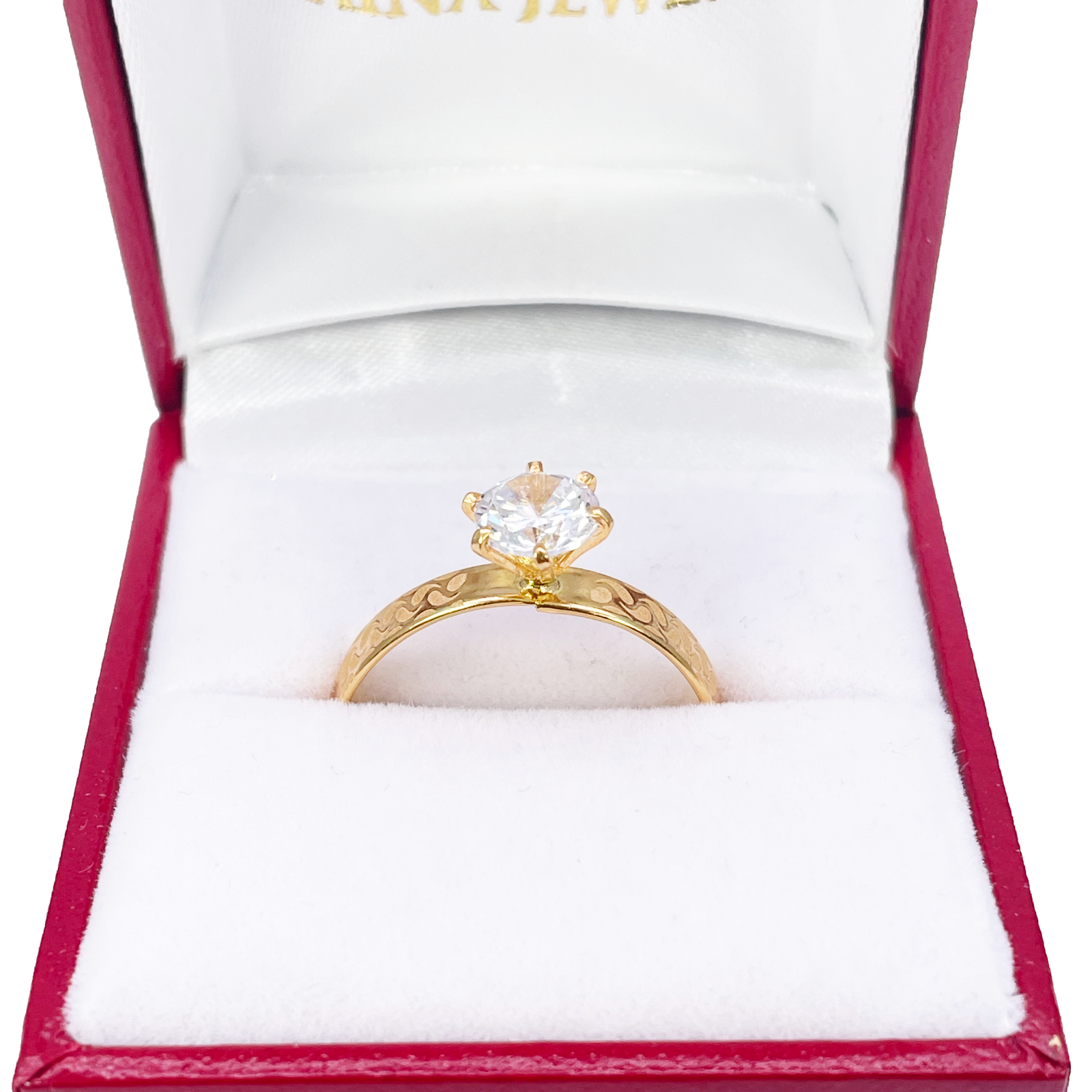 22ct Gold Cubic Zirconia Solitaire Ring Patterned Shoulder 6-Claw 7.7mm Width 