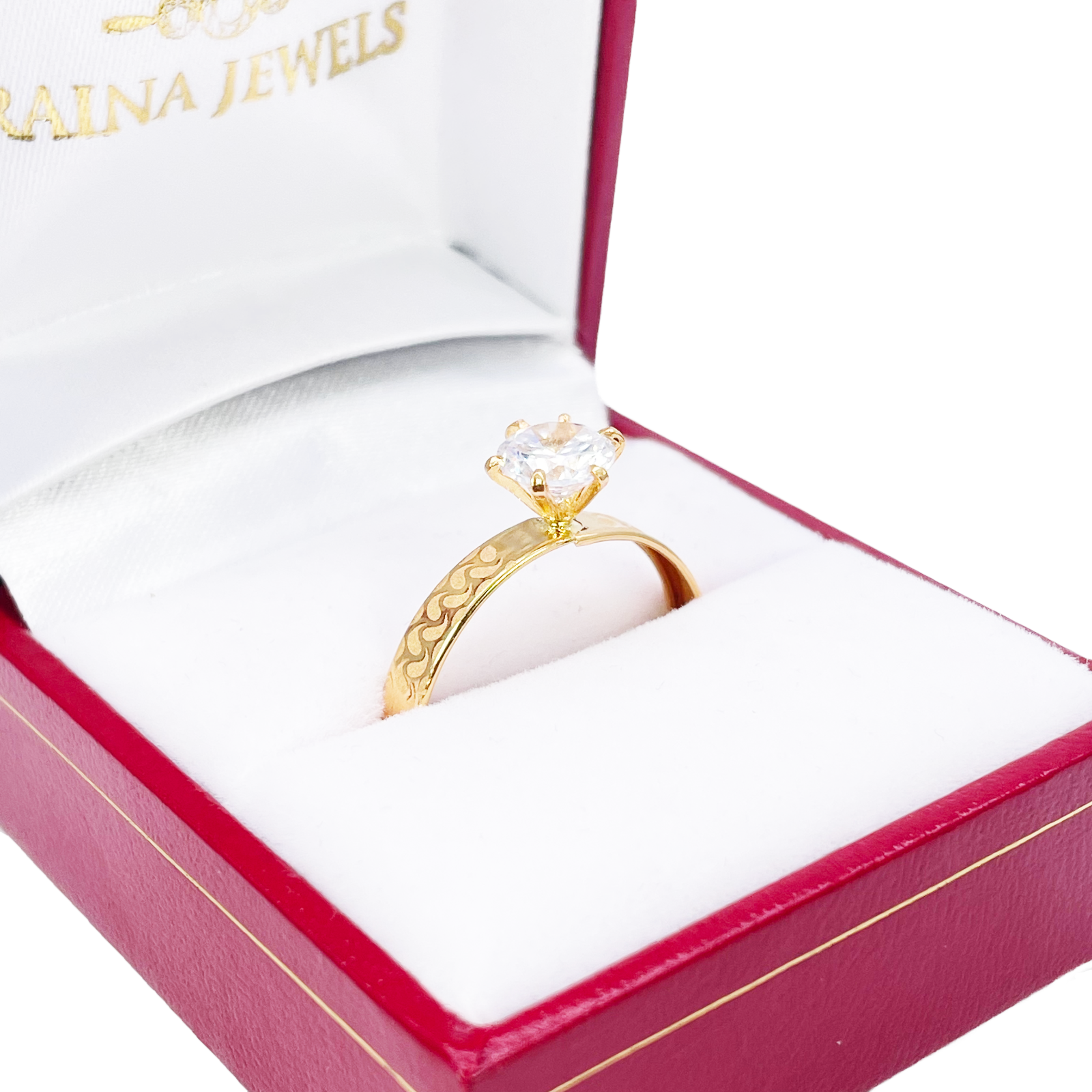 22ct Gold Cubic Zirconia Solitaire Ring Patterned Shoulder 6-Claw 7.7mm Width 