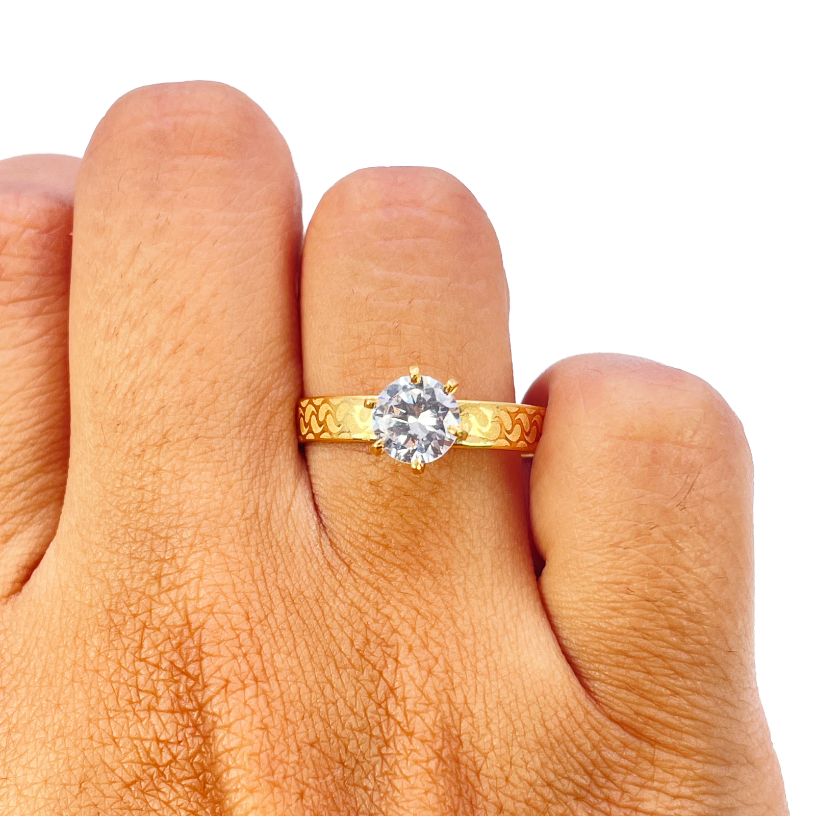 22ct Gold Cubic Zirconia Solitaire Ring Patterned Shoulder 6-Claw 7.7mm Width 