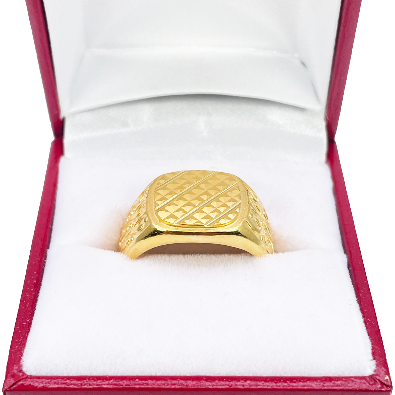 22ct Gold Mens Signet High Polished & Matt Diamond Cut Textured Ring 