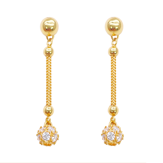 22ct Gold Drop Earrings Cubic Zirconia Glitter Ball Dragon Foxtail Chain Link 1.5 Inches 
