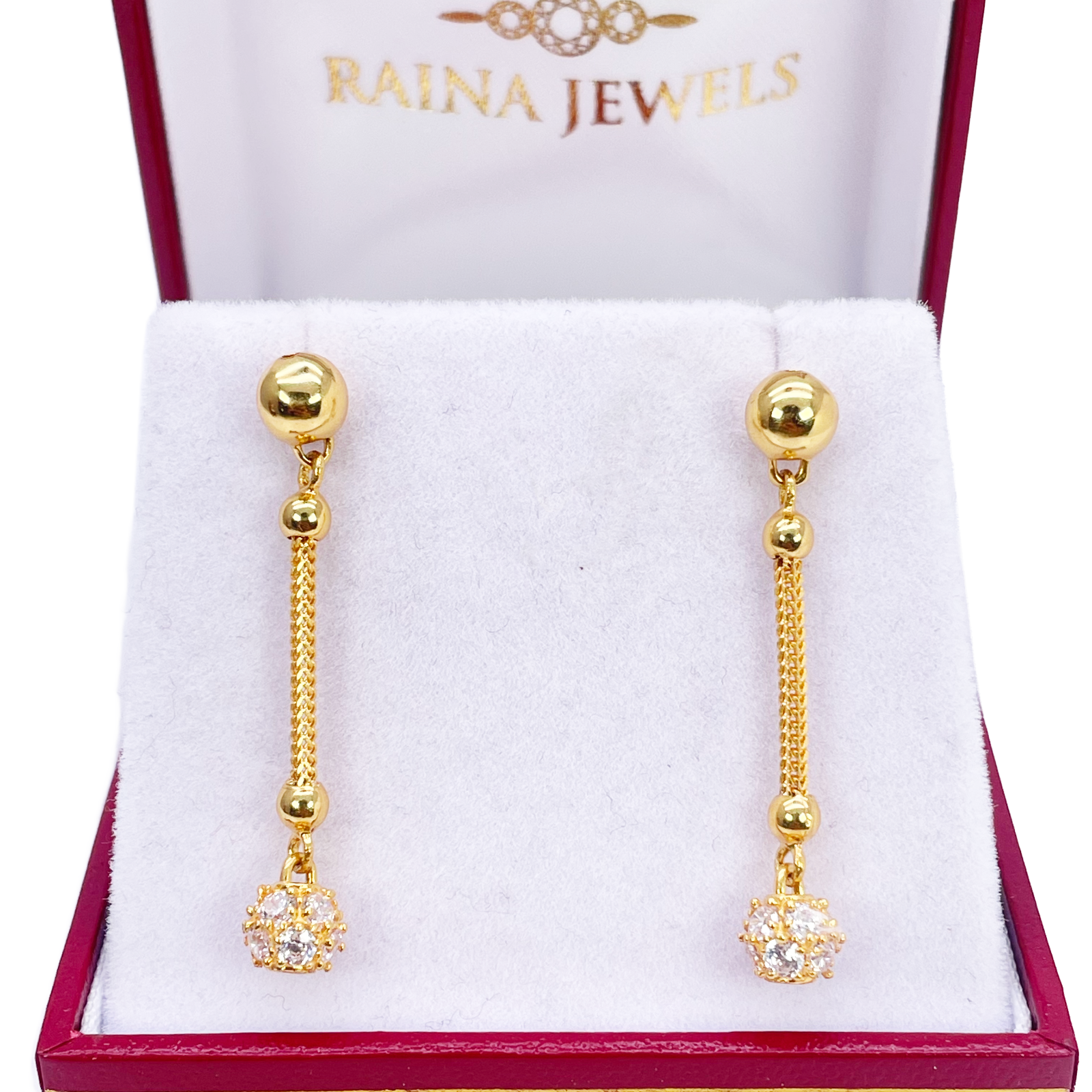 22ct Gold Drop Earrings Cubic Zirconia Glitter Ball Dragon Foxtail Chain Link 1.5 Inches 