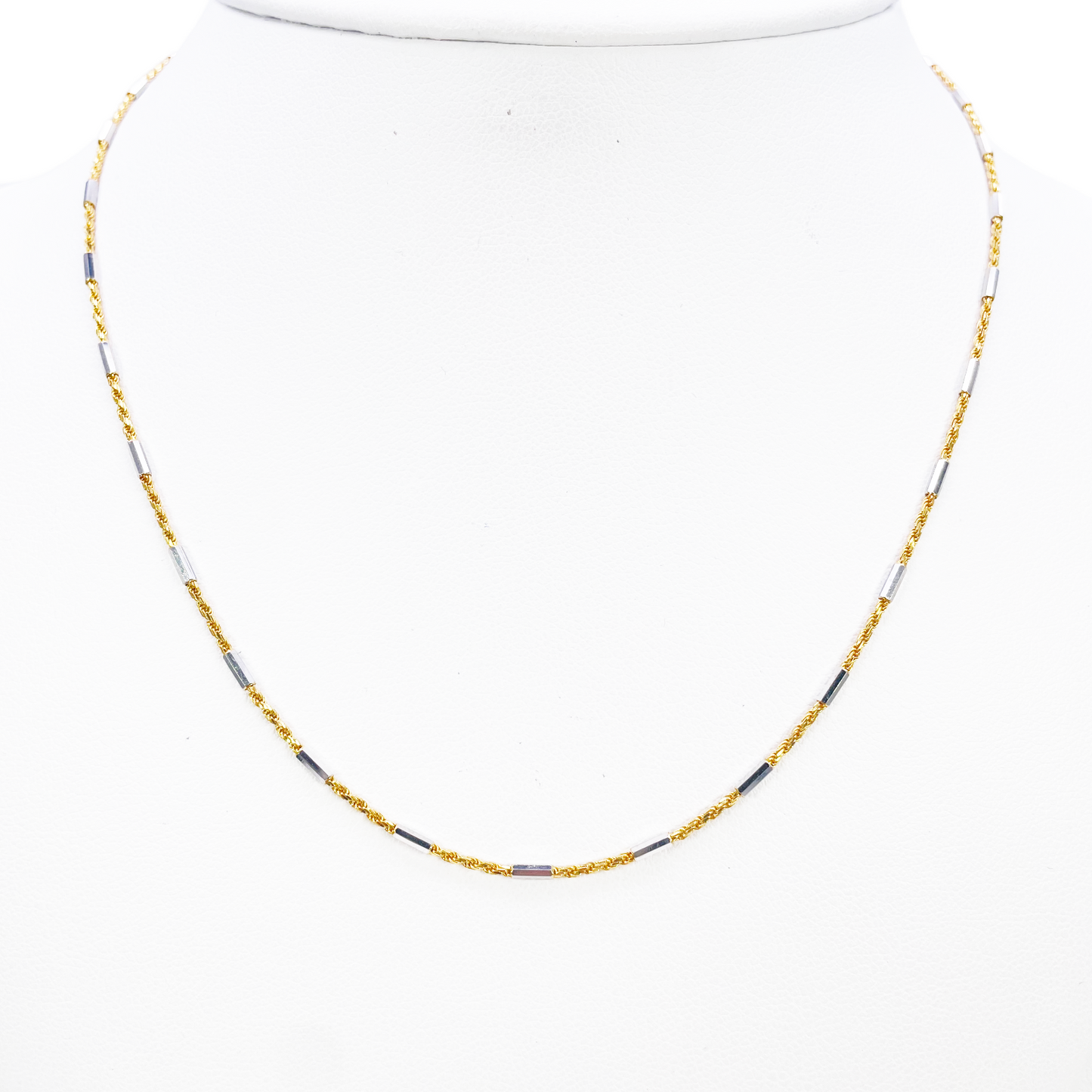 18ct Gold Rope Chain Two-Tone Bar Link Necklace 16 Inches 1.3mm Width 