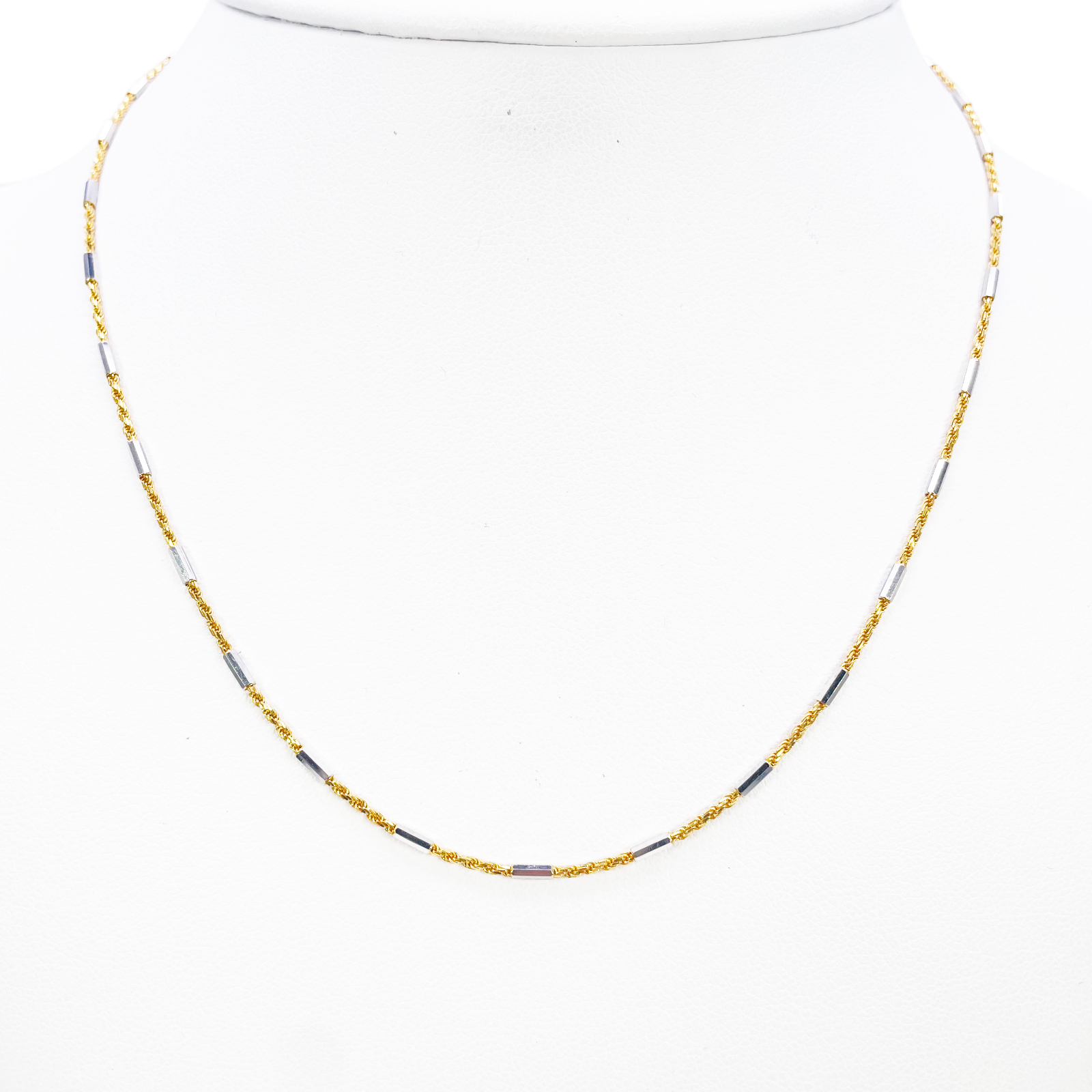 18ct Gold Rope Chain Two-Tone Bar Link Necklace 16 Inches 1.3mm Width 