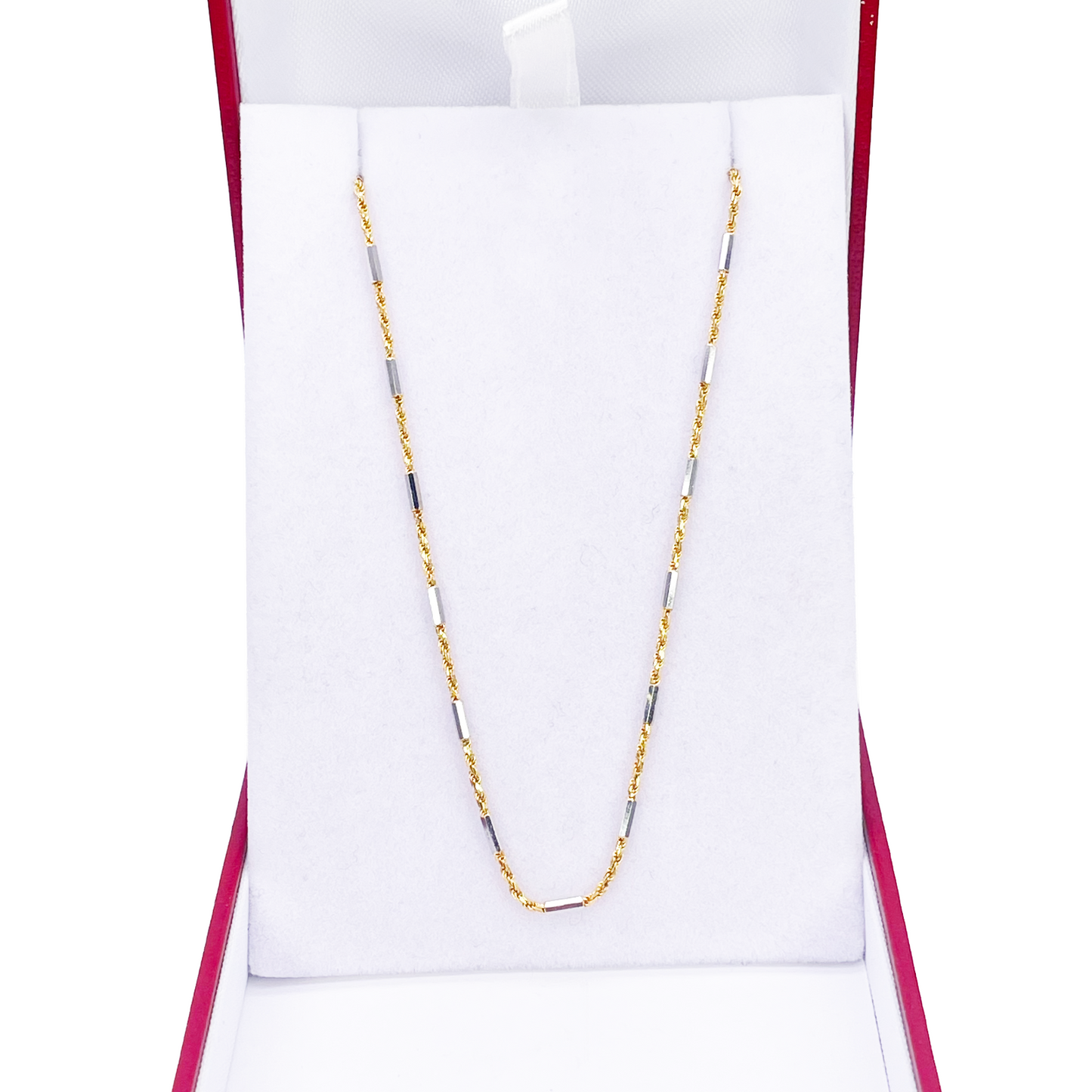 18ct Gold Rope Chain Two-Tone Bar Link Necklace 16 Inches 1.3mm Width 