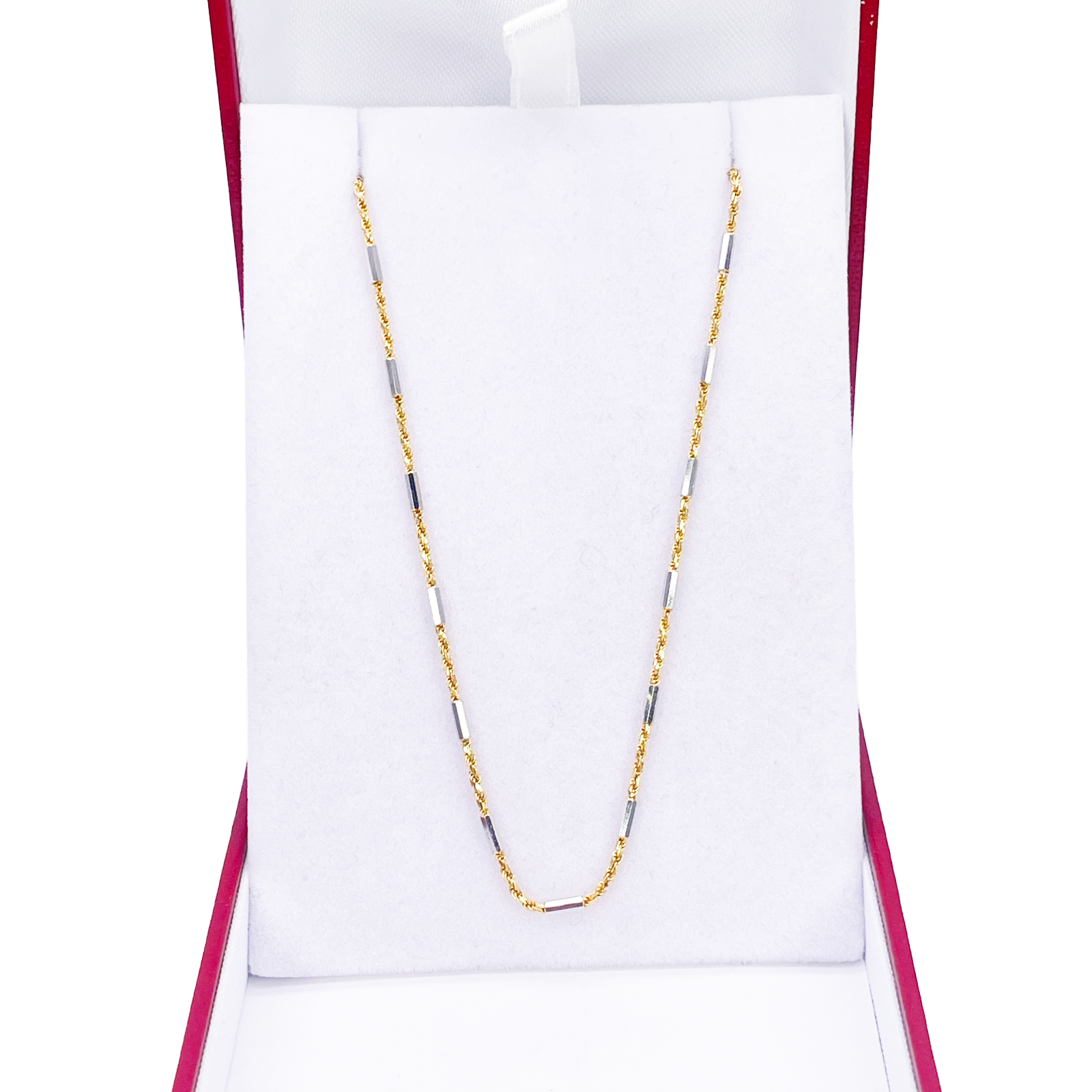 18ct Gold Rope Chain Two-Tone Bar Link Necklace 16 Inches 1.3mm Width 