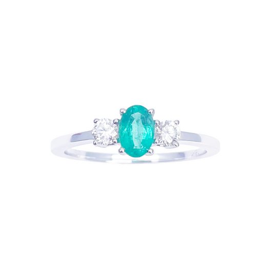 18ct Gold Emerald Diamond Ring Natural Round & Oval Cut Three-Stone 0.60ct  Diamond Ring