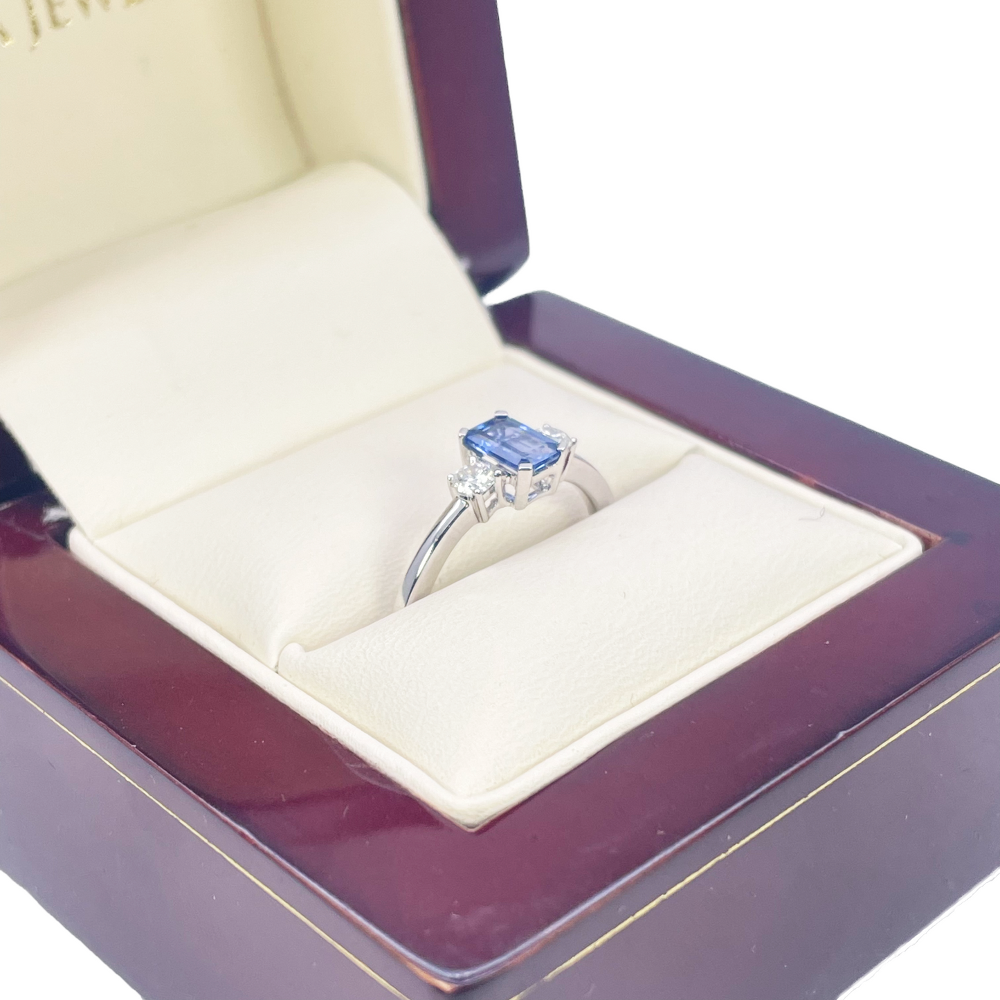 18ct Gold Sapphire Diamond Ring Natural Round & Emerald Cut Three-Stone 0.80ct  Diamond Ring