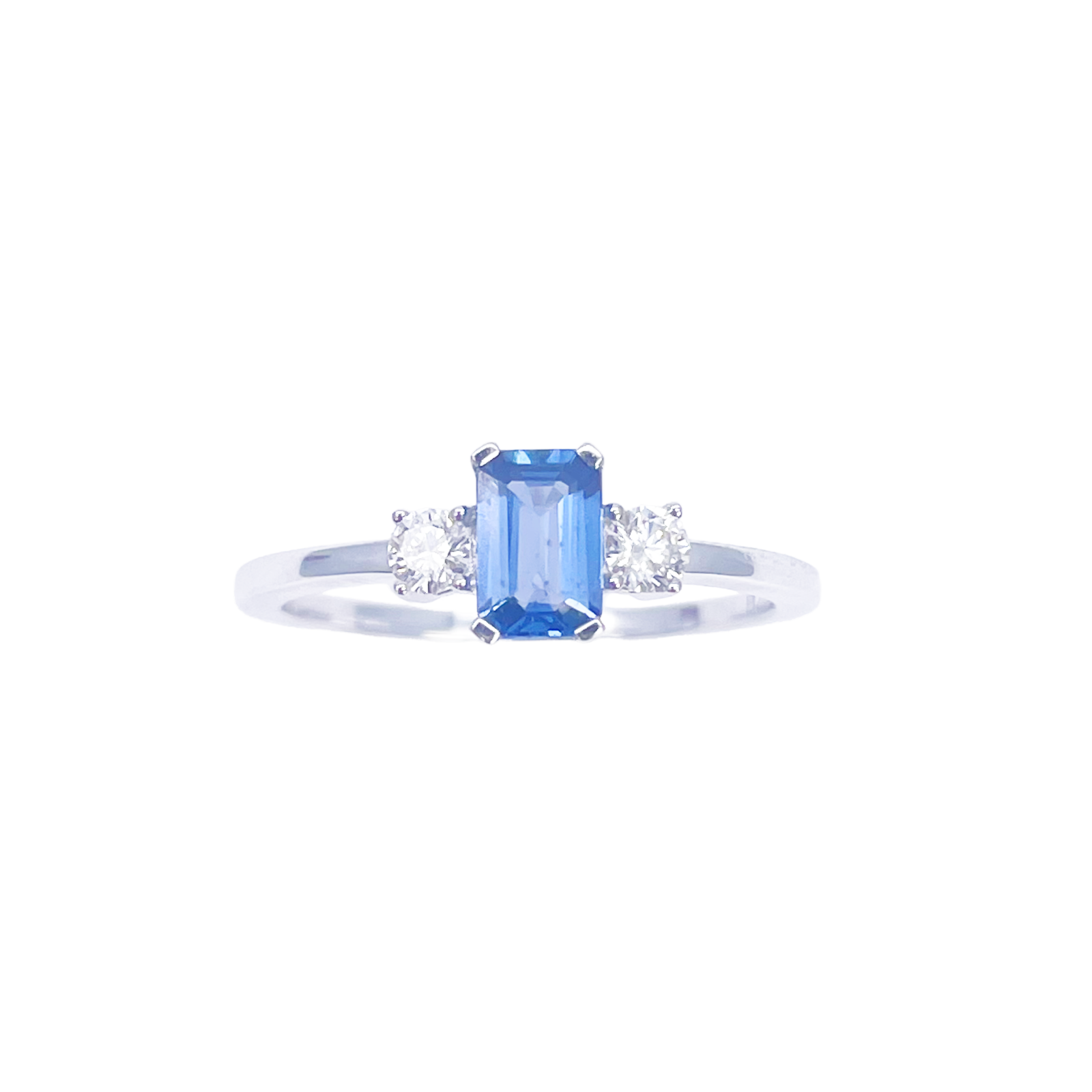 18ct Gold Sapphire Diamond Ring Natural Round & Emerald Cut Three-Stone 0.65ct  Diamond Ring