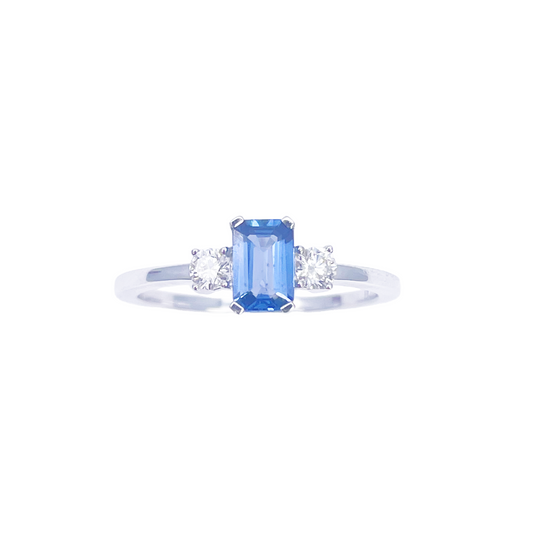 18ct Gold Sapphire Diamond Ring Natural Round & Emerald Cut Three-Stone 0.65ct  Diamond Ring