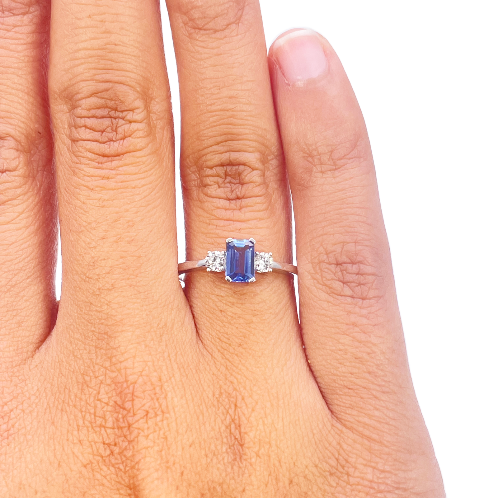 18ct Gold Sapphire Diamond Ring Natural Round & Emerald Cut Three-Stone 0.65ct  Diamond Ring