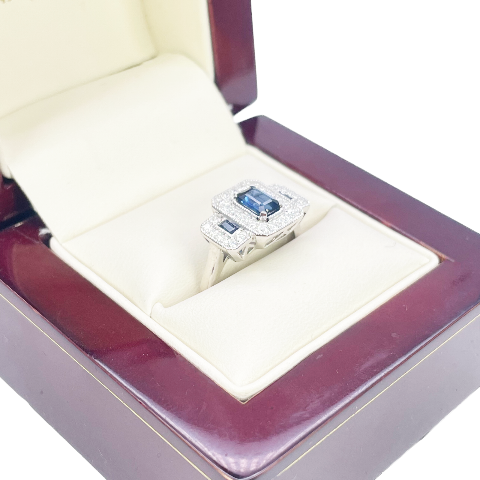 18ct Gold Emerald Cut Sapphire Triple Halo Round Diamond Art Deco Ring 1.14ct  Diamond Ring