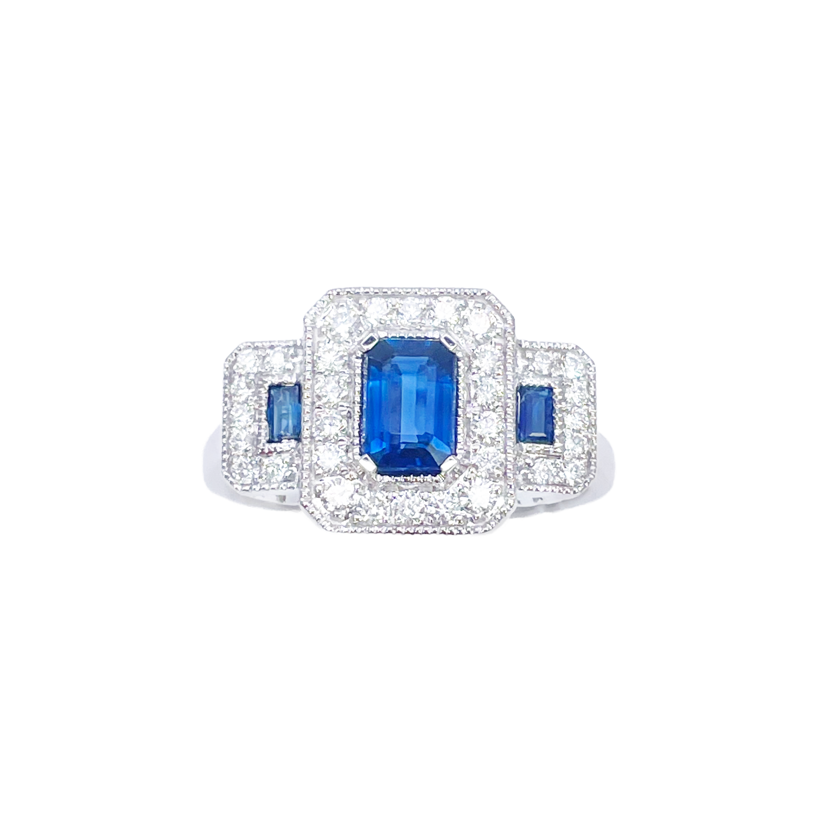 18ct Gold Emerald Cut Sapphire Triple Halo Round Diamond Art Deco Ring 1.14ct  Diamond Ring