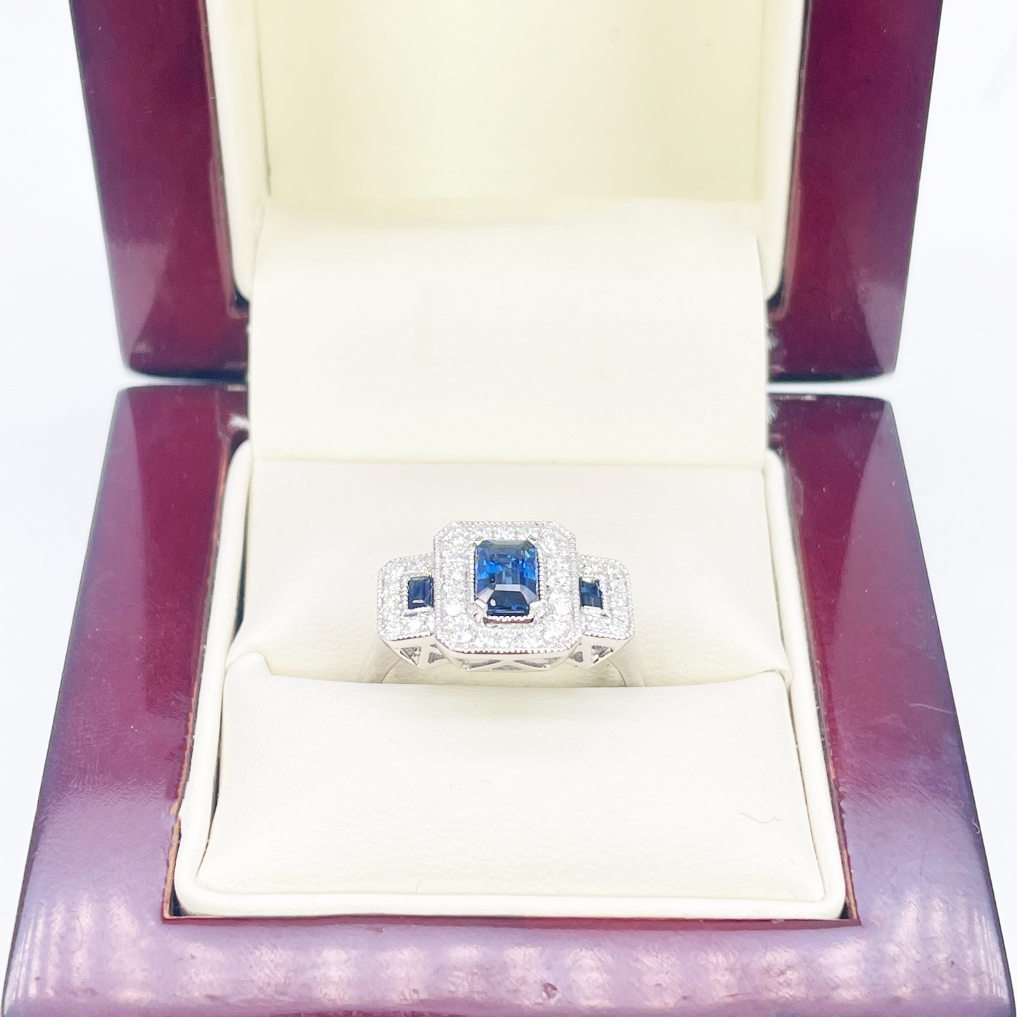 18ct Gold Emerald Cut Sapphire Triple Halo Round Diamond Art Deco Ring 1.14ct  Diamond Ring