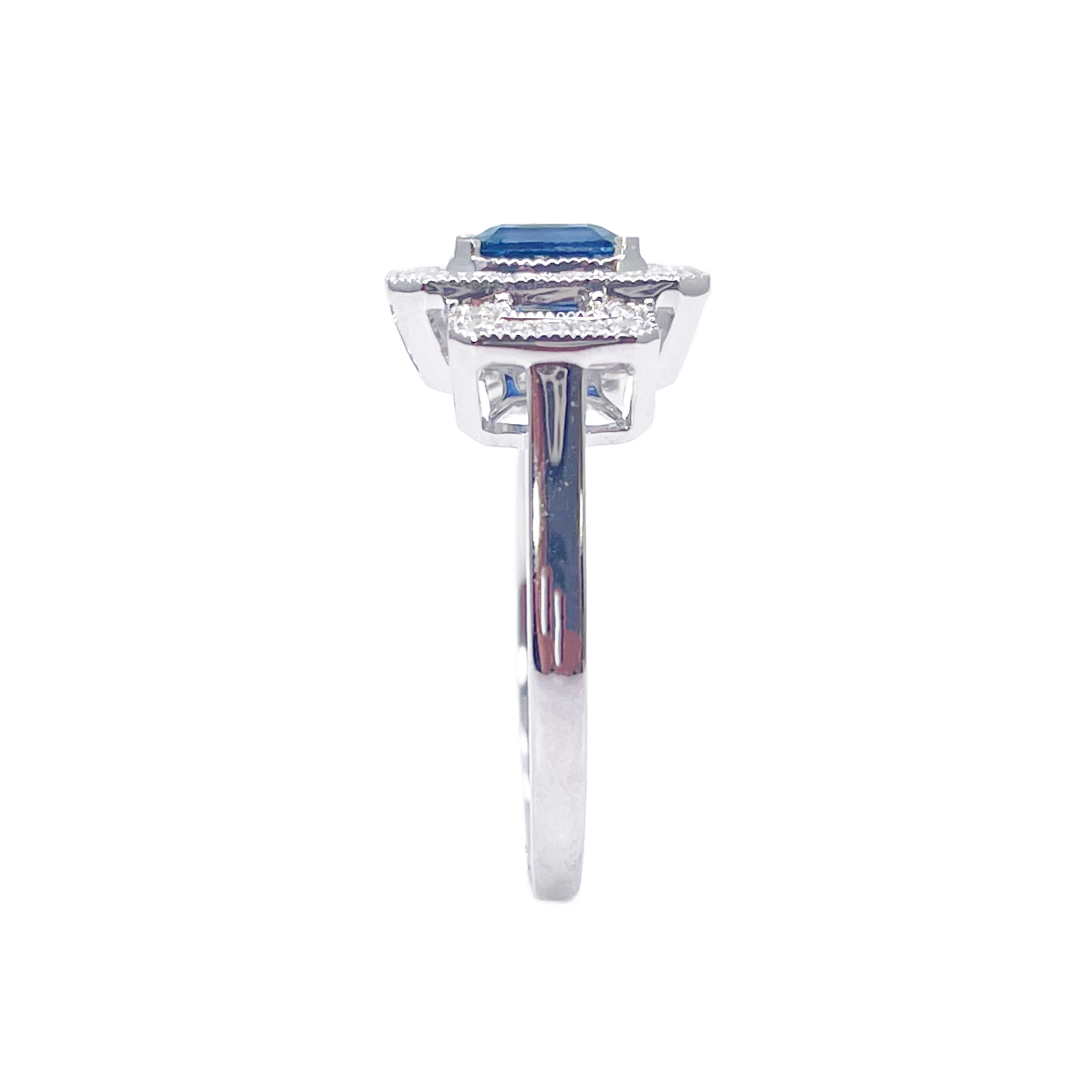 18ct Gold Emerald Cut Sapphire Triple Halo Round Diamond Art Deco Ring 1.14ct  Diamond Ring