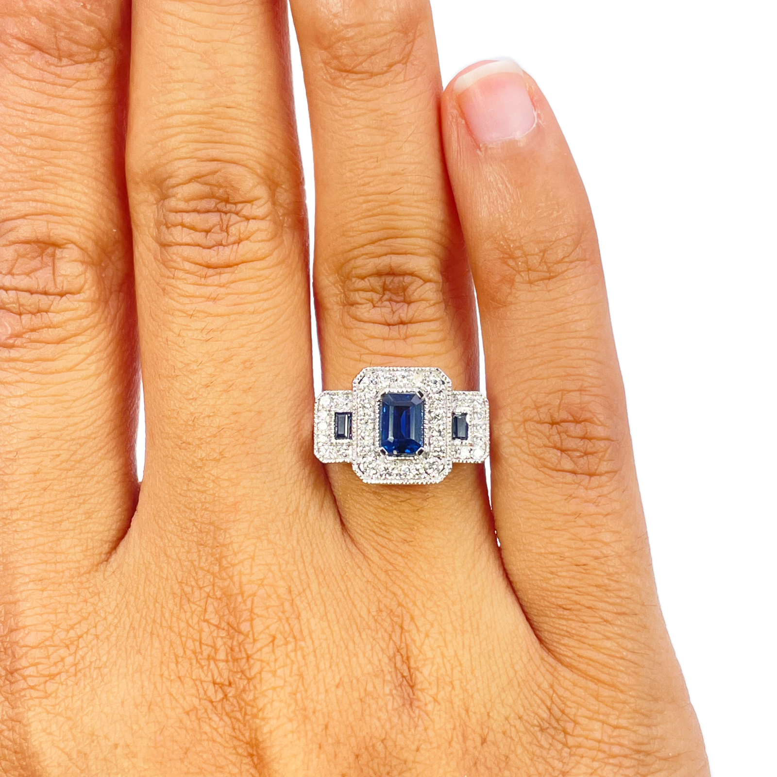 18ct Gold Emerald Cut Sapphire Triple Halo Round Diamond Art Deco Ring 1.14ct  Diamond Ring