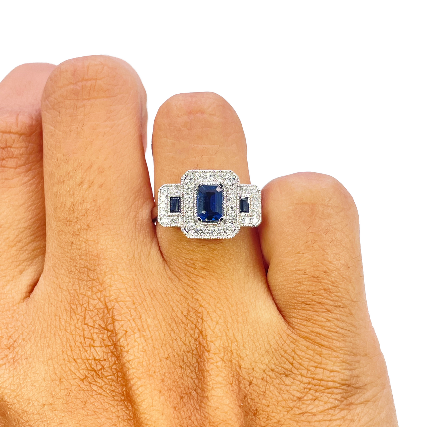 18ct Gold Emerald Cut Sapphire Triple Halo Round Diamond Art Deco Ring 1.14ct  Diamond Ring