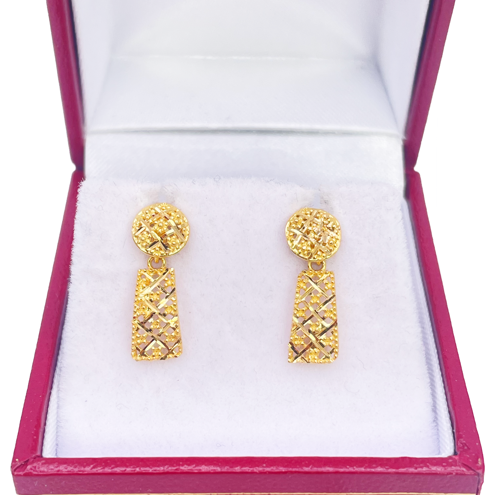 22ct Gold Drop Earrings Diamond Cut Mesh Sparkly Studs 