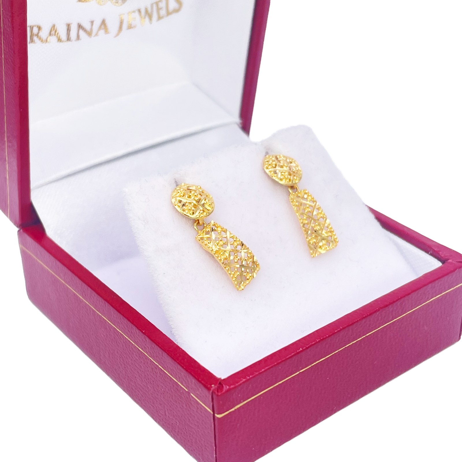 22ct Gold Drop Earrings Diamond Cut Mesh Sparkly Studs 