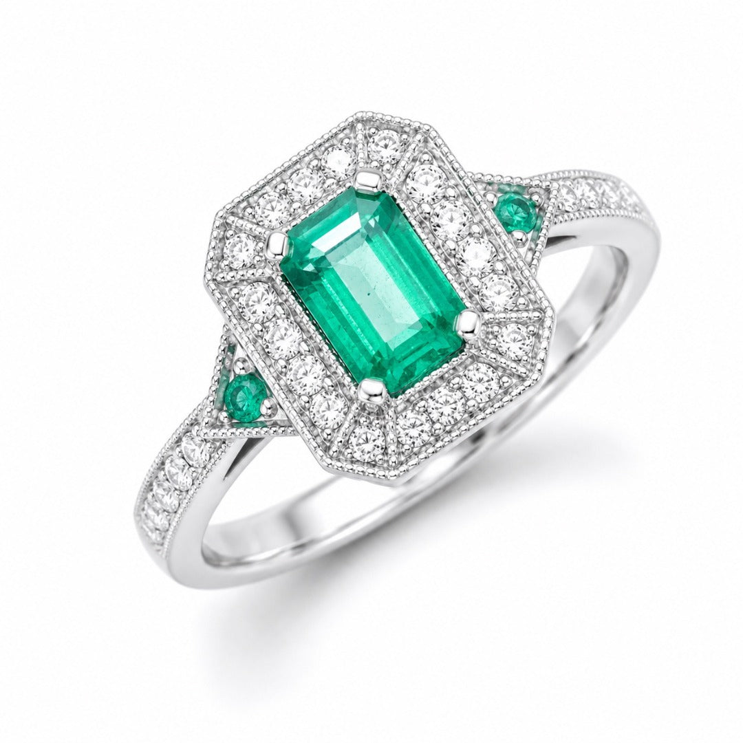 18ct Gold Natural Emerald Diamond Ring Round & Emerald Cut 0.80ct