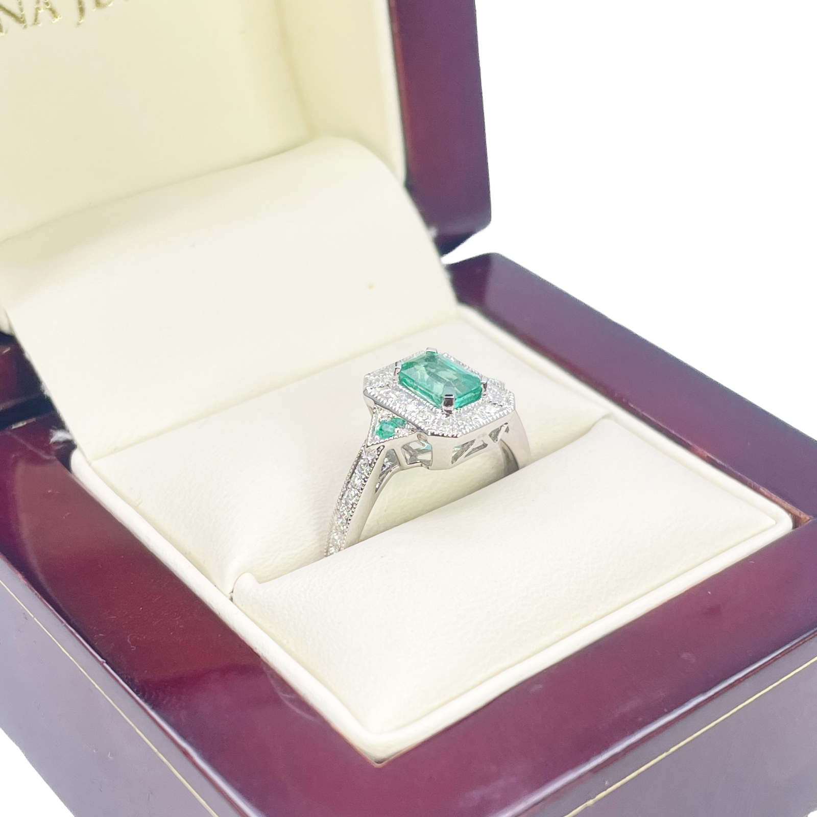 18ct Gold Natural Emerald Diamond Ring Round & Emerald Cut 0.80ct  Diamond Ring