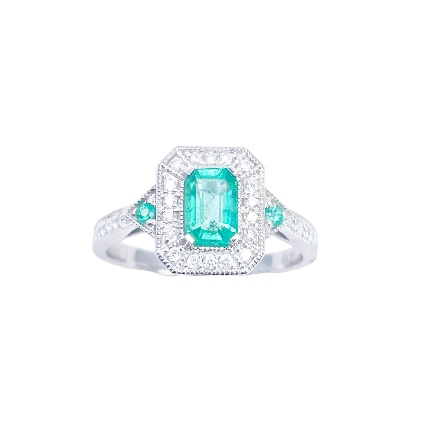18ct Gold Natural Emerald Diamond Ring Round & Emerald Cut 0.80ct  Diamond Ring