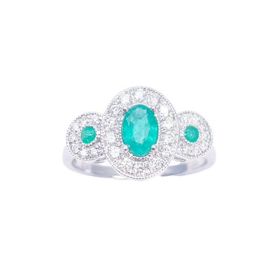 18ct Gold Natural Emerald Diamond Ring Round & Oval Cut 0.80ct  Diamond Ring