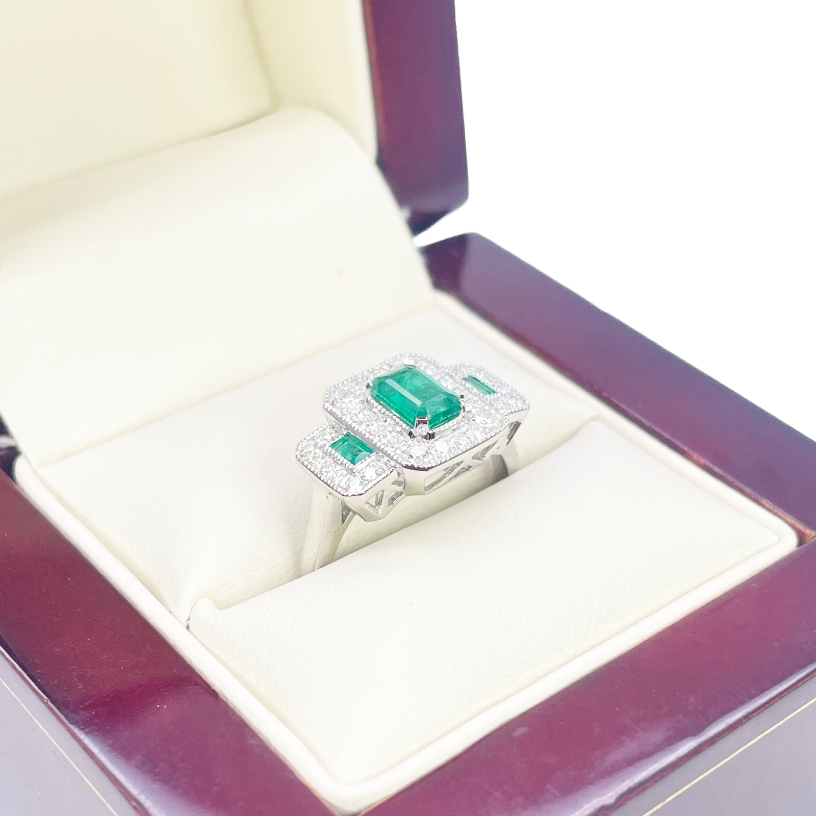 18ct Gold Natural Emerald Diamond Halo Ring Round & Emerald Cut 0.95ct  Diamond Ring