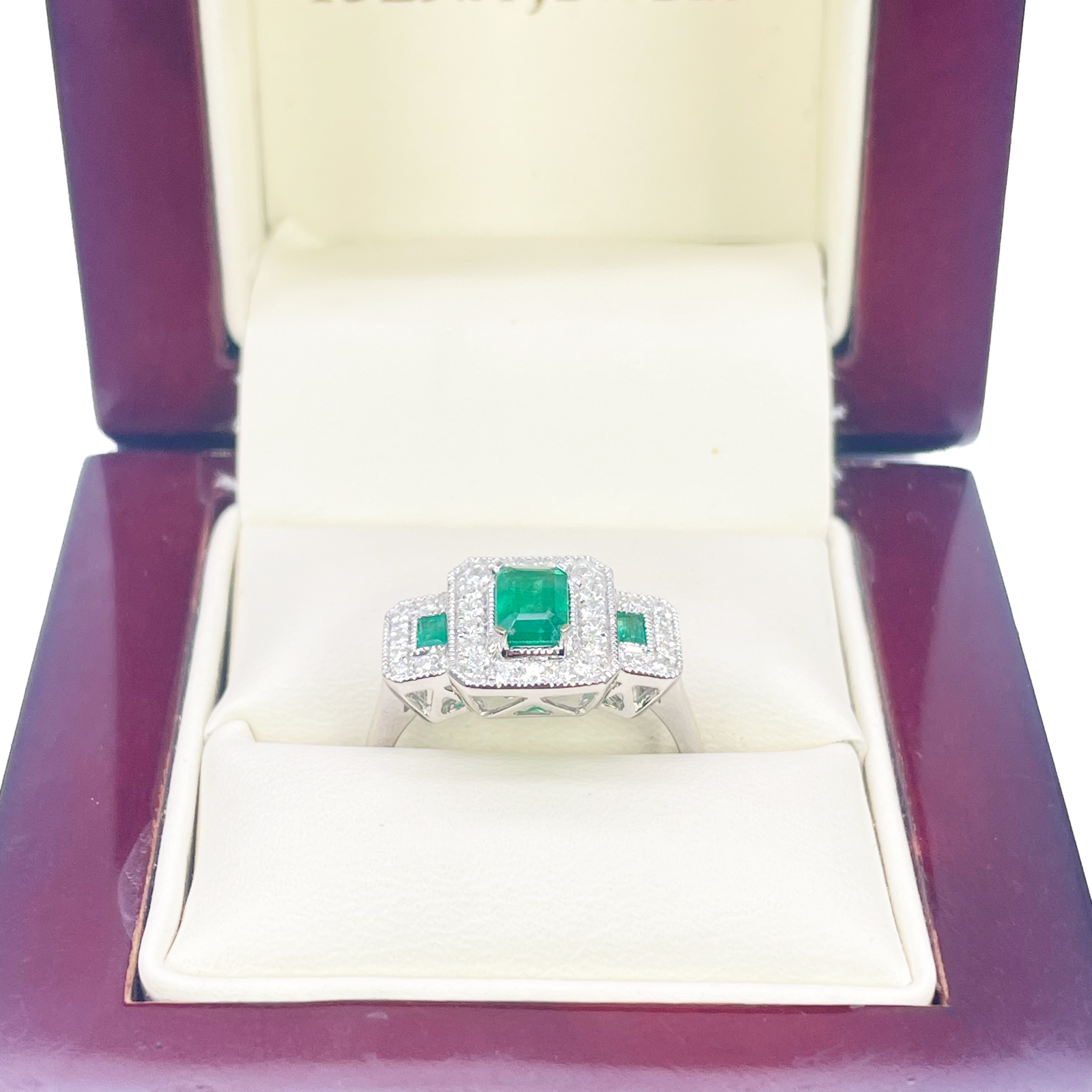 18ct Gold Natural Emerald Diamond Halo Ring Round & Emerald Cut 0.95ct  Diamond Ring