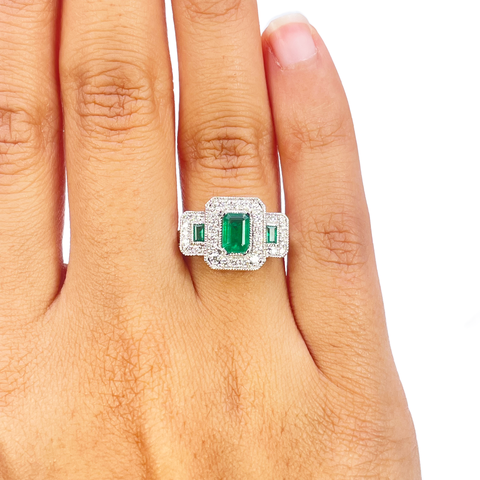 18ct Gold Natural Emerald Diamond Halo Ring Round & Emerald Cut 0.95ct  Diamond Ring