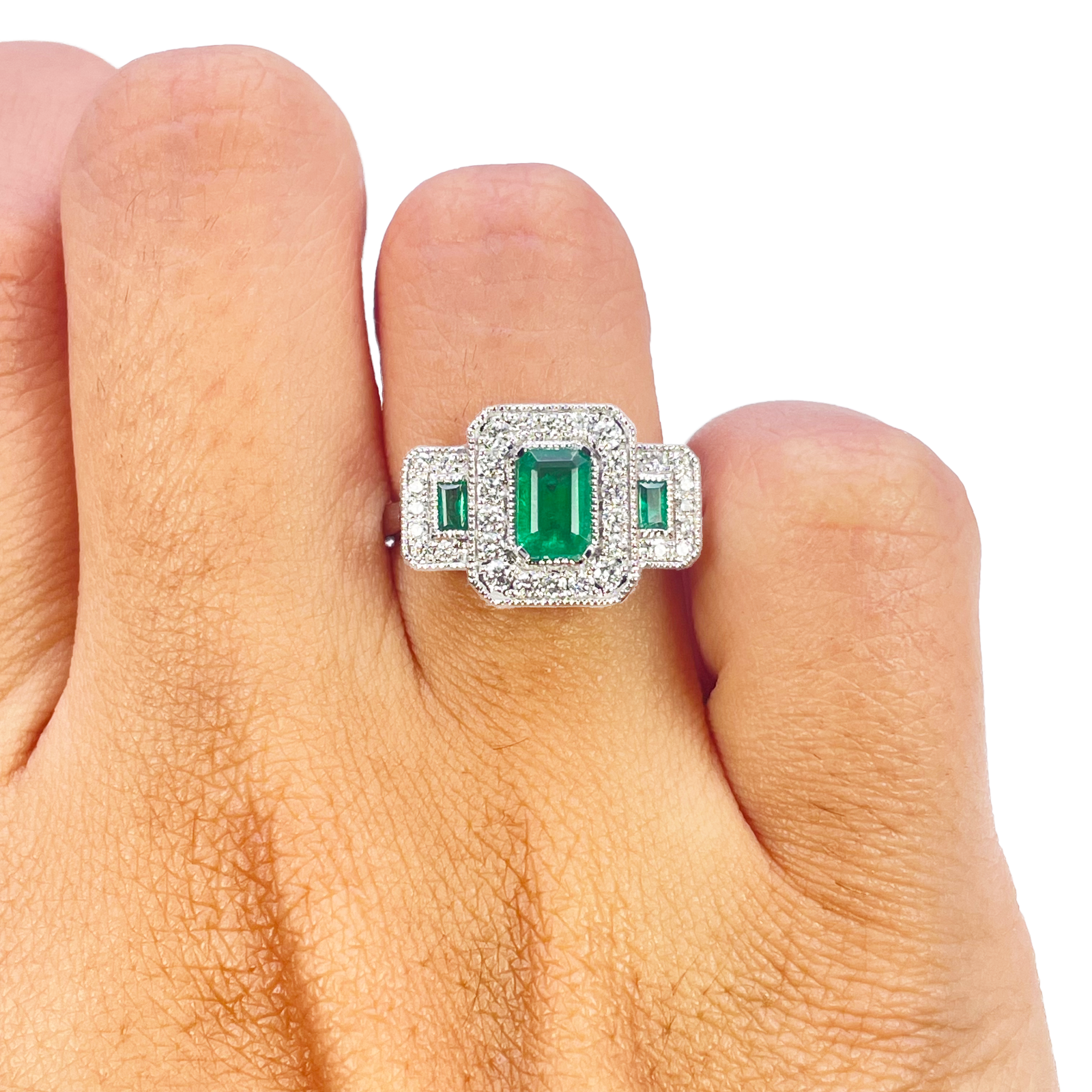 18ct Gold Natural Emerald Diamond Halo Ring Round & Emerald Cut 0.95ct  Diamond Ring