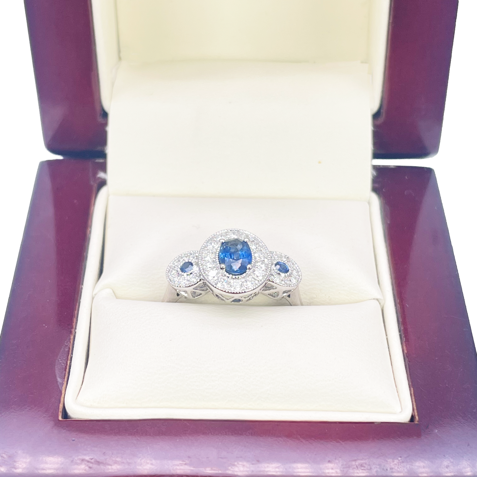 18ct Gold Natural Sapphire Diamond Halo Ring Round & Oval Cut 0.95ct  Diamond Ring