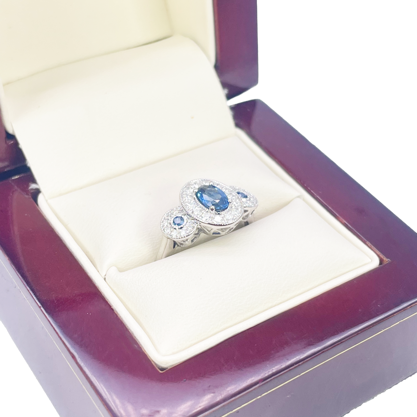 18ct Gold Natural Sapphire Diamond Halo Ring Round & Oval Cut 0.95ct  Diamond Ring