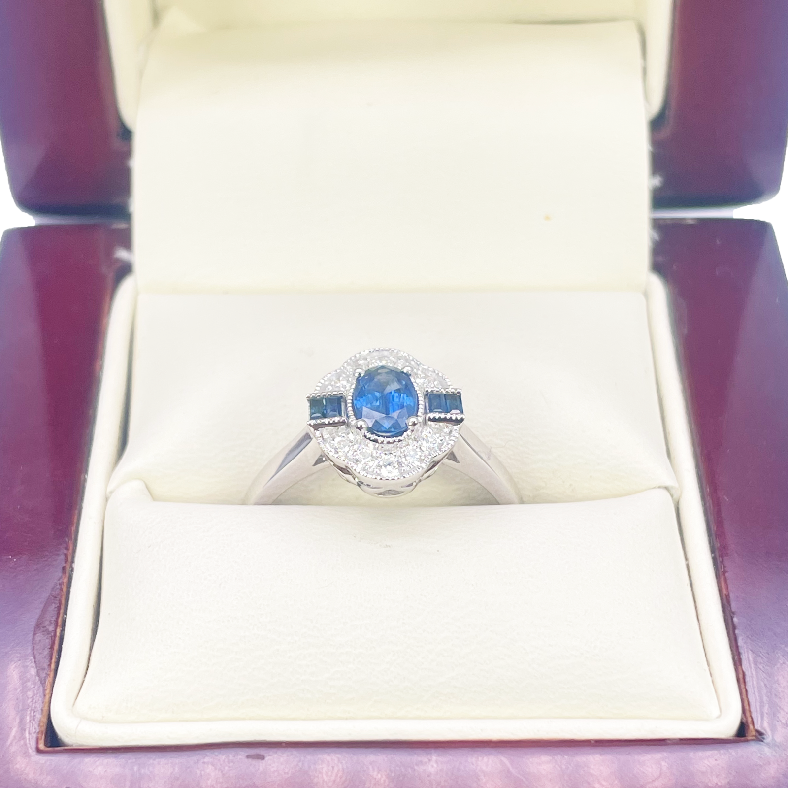 18ct Gold Natural Sapphire Diamond Halo Ring Round, Baguette & Oval Cut 0.70ct  Diamond Ring