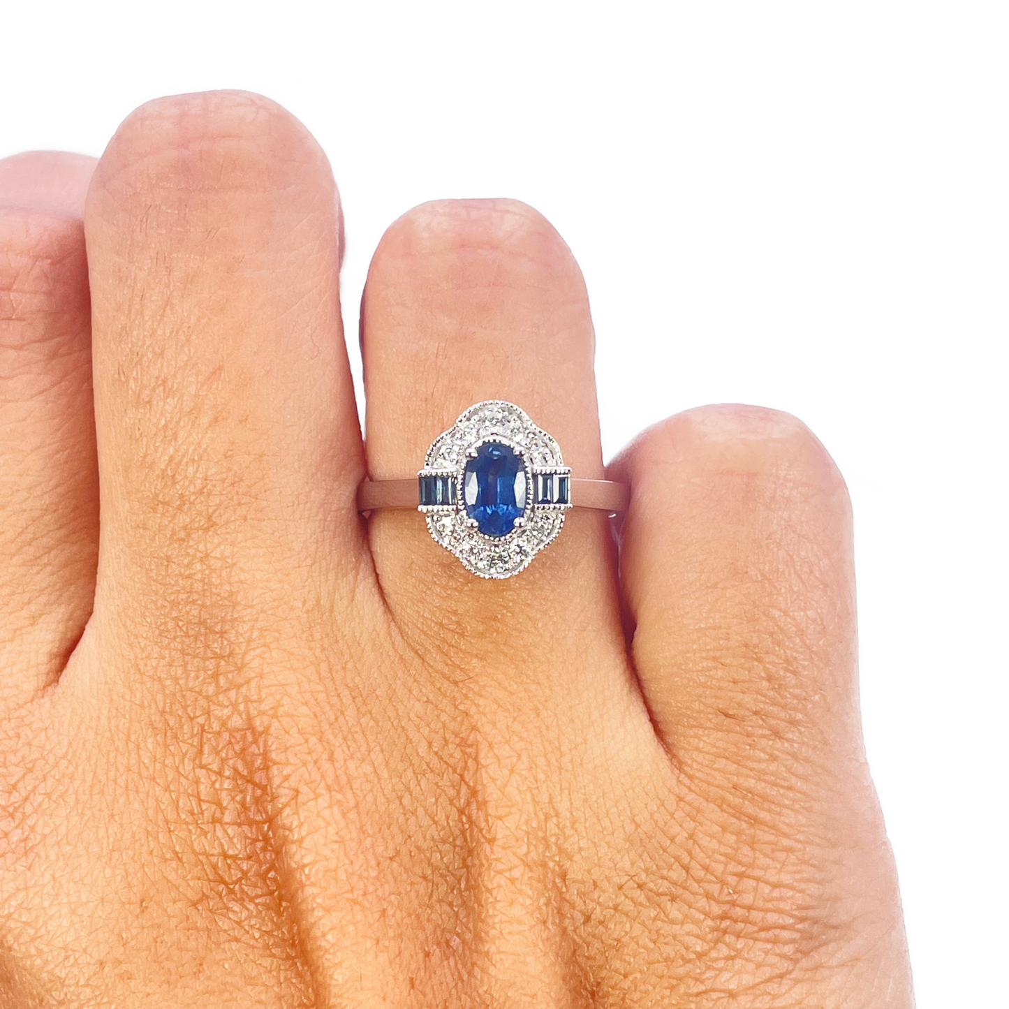 18ct Gold Natural Sapphire Diamond Halo Ring Round, Baguette & Oval Cut 0.70ct  Diamond Ring