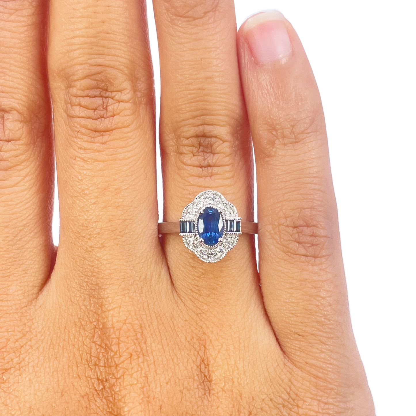 18ct Gold Natural Sapphire Diamond Halo Ring Round, Baguette & Oval Cut 0.70ct  Diamond Ring