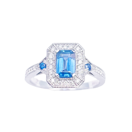 18ct Gold Natural Sapphire Diamond Halo Ring Round & Emerald Cut 0.95ct  Diamond Ring