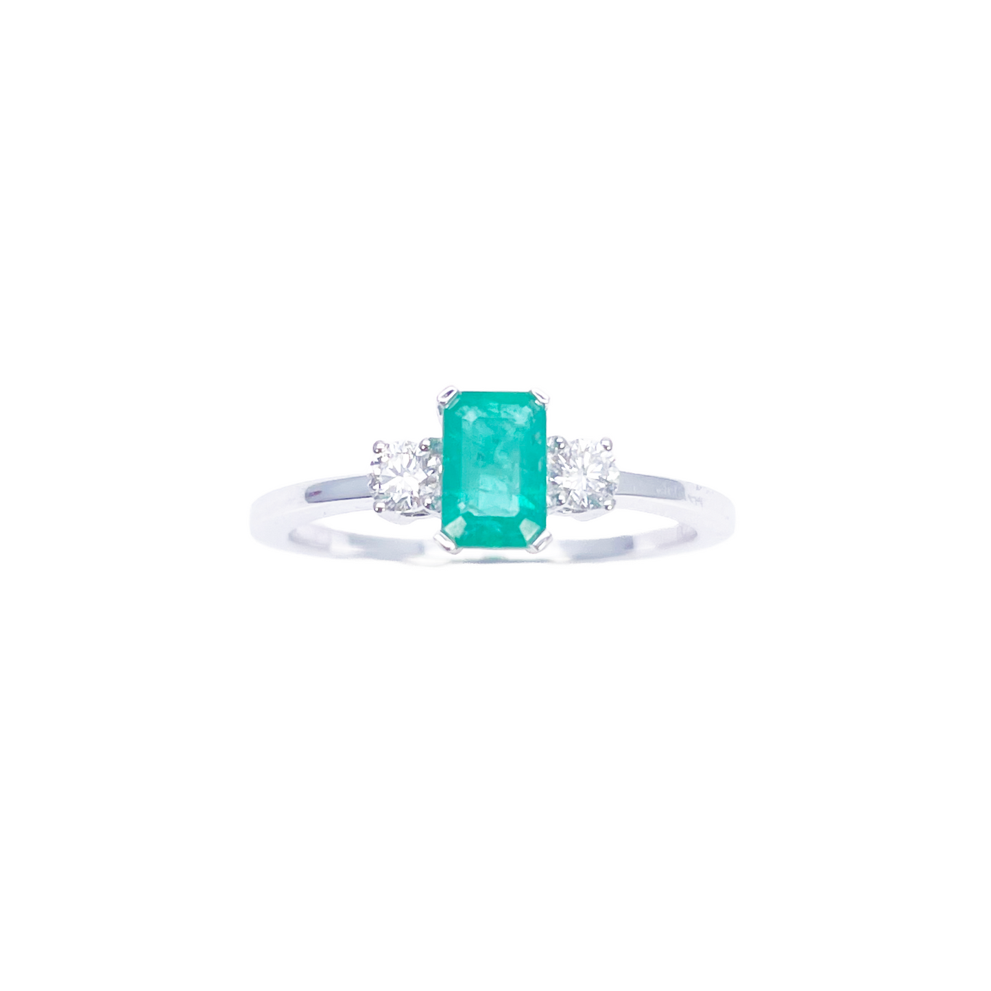 18ct Gold Emerald Diamond Ring Natural Round & Emerald Cut Three-Stone 0.70ct  Diamond Ring